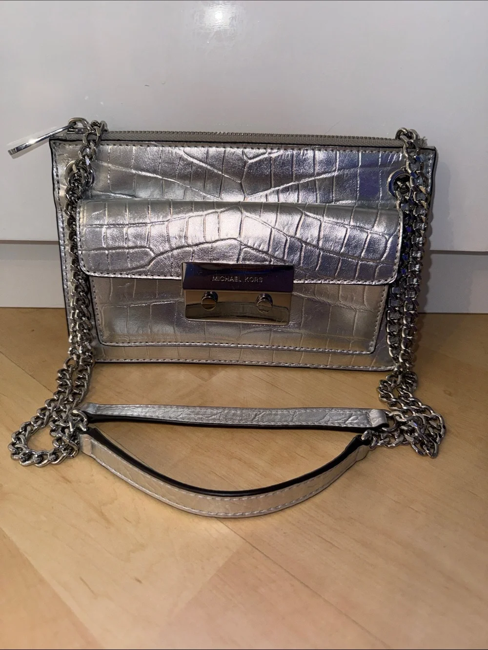 Michael Kors Sloan Editor Metallic Silver Croc-Embossed Chain Shoulder/Crossbody